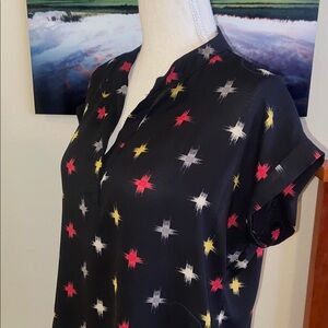 Navy Blue Blouse with Colorful Southwestern Southwest Pattern & Short Sleeves
